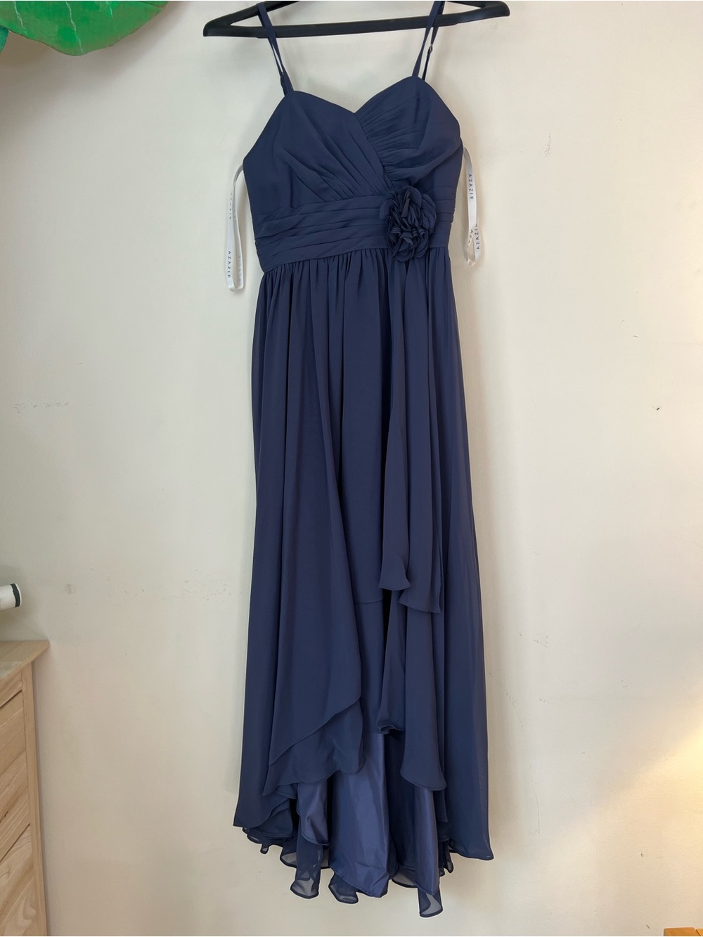 Azazie Navy Chiffon Spaghetti-Strap Formal Dress with Floral Waist